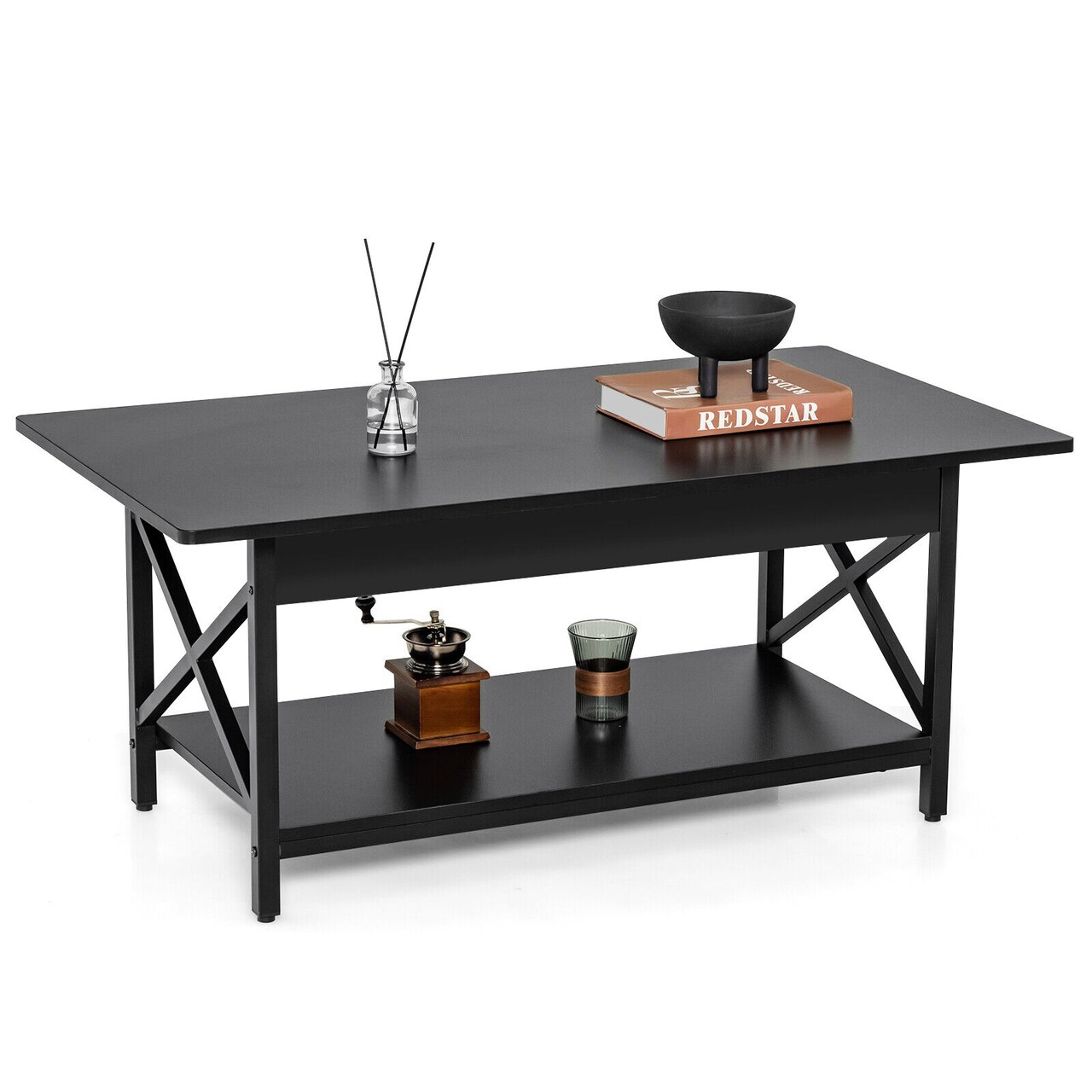 2-Tier Rectangular Coffee Table with Large Storage Shelf and Metal Frame for Living Room